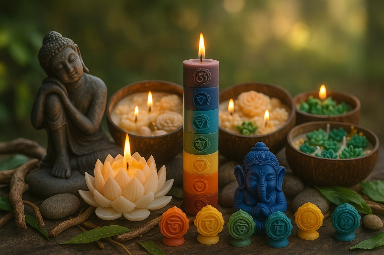 Un autel paisible ou s'alignent bougies chakra colorées, Ganesh bleu, lotus lumineux et Bouddha méditatif, entourés de coques fleuries - un souffle de lumière dans un écrin de nature zen. 